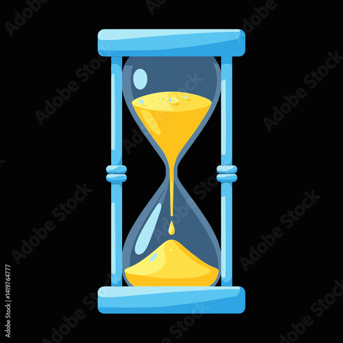 Cartoon hourglass with blue frame and yellow sand
