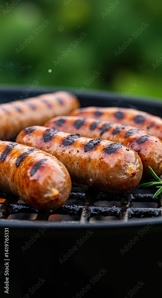 Juicy grilled sausages on barbecue for summer picnic or outdoor gathering