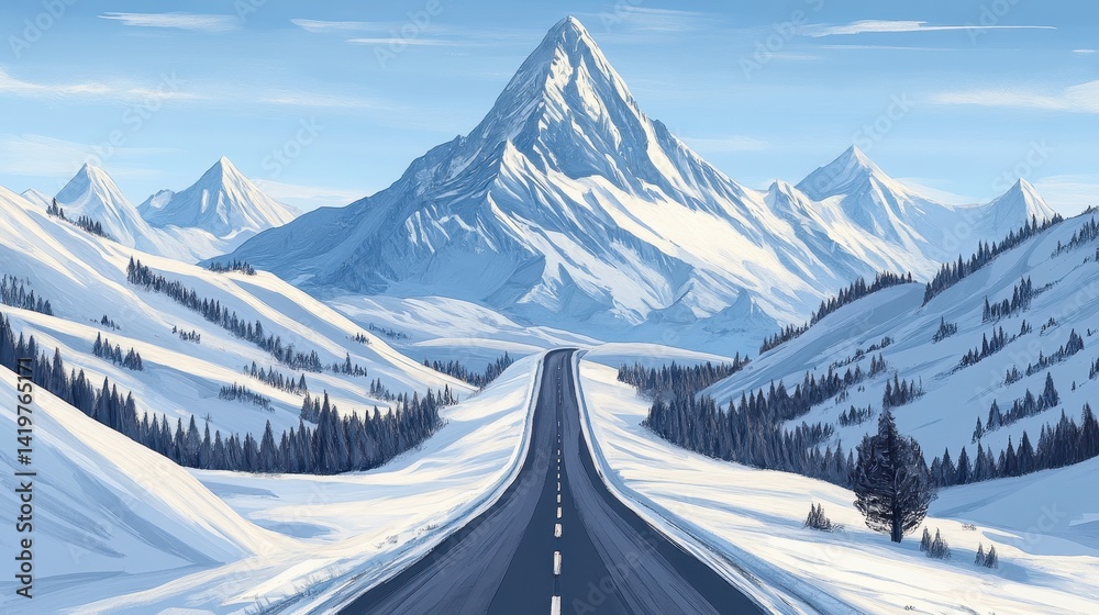 custom made wallpaper toronto digitalA snowy road stretches to a towering mountain under a crisp blue sky