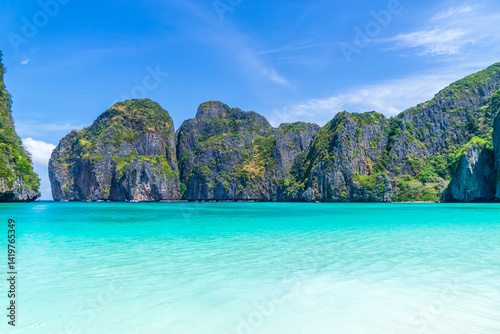 View of famous Maya Bay, Thailand. One of the most popular beach in the world. Beach without people.