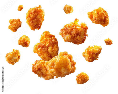 Floating crispy fried chicken popcorn pieces