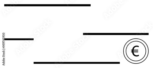 Horizontal lines forming a structured bank check layout with a prominent euro currency symbol. Ideal for finance, transactions, banking, paperwork, accounting, payments, budgeting, flat simple