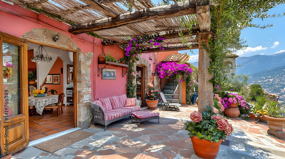 Obraz premium Pink House Exterior Patio With Pergola And Flowers