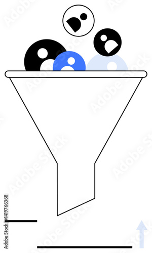 Funnel collecting multiple persona icons representing sorting, conversion, or targeting strategies. Ideal for marketing, recruitment, analysis, strategy, conversion, segmentation and customer