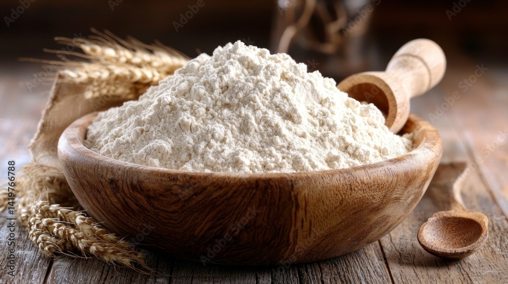 Flour in a bowl with wheat on a wooden table Flour in a bowl with wheat on a wooden table