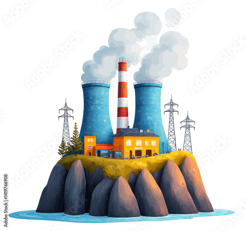 Cartoon nuclear power plant on rocky island with transmission towers