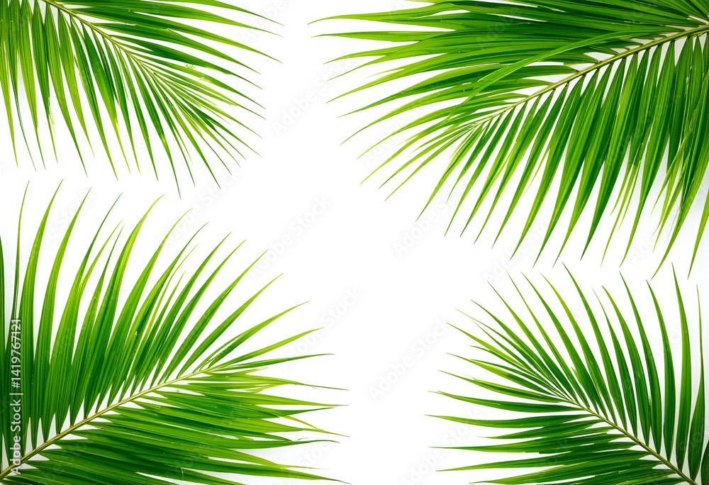 Obraz premium Natural palm frond on transparent background. Tropical green palm leaves. Tropics tree branch on white. Summer decoration design elements. Spring Summer clipart, Cut out, PNG.