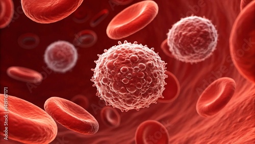 A microscopic view within a blood vessel shows numerous red blood cells alongside several larger, textured white blood cells, illustrating the composition of blood and the body's immune defense