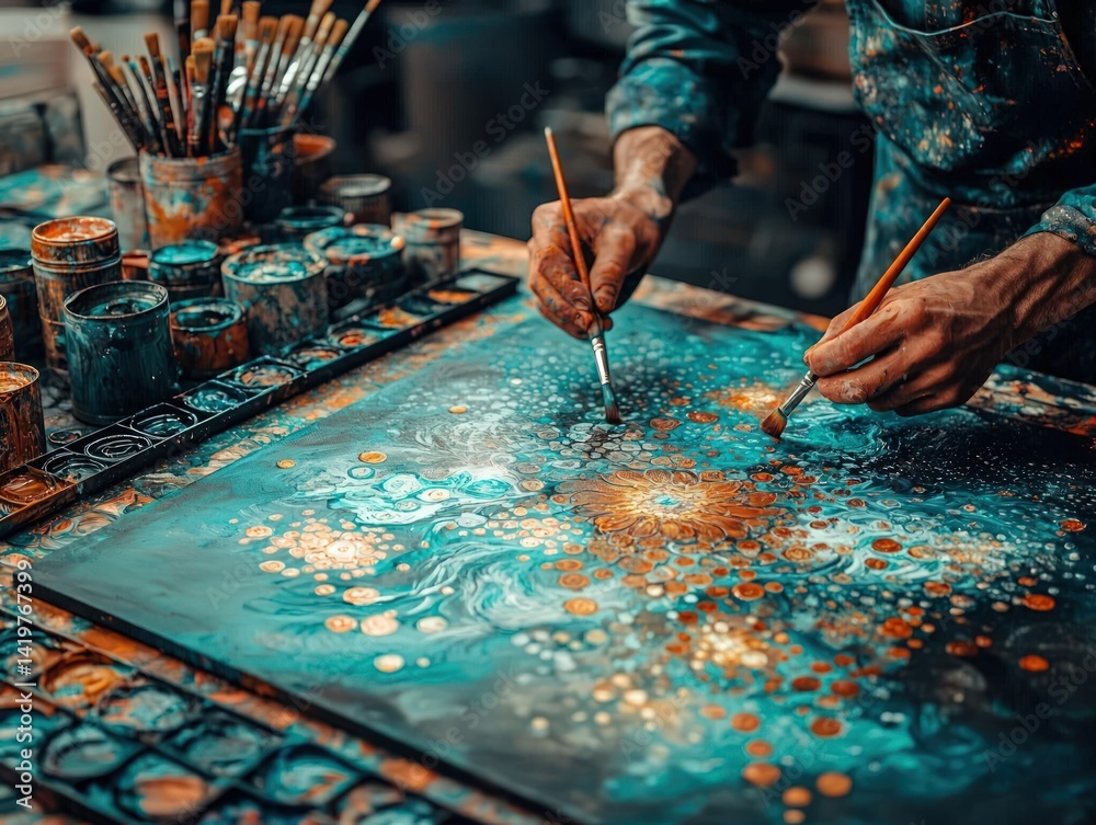 Person painting an abstract artwork with blue and gold colors in a studio.