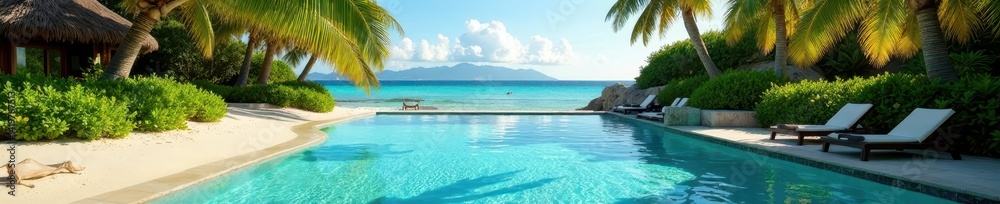 Fototapeta premium Palm fringed oasis pool, shimmering blue water, sun-drenched sands, tropical, nature