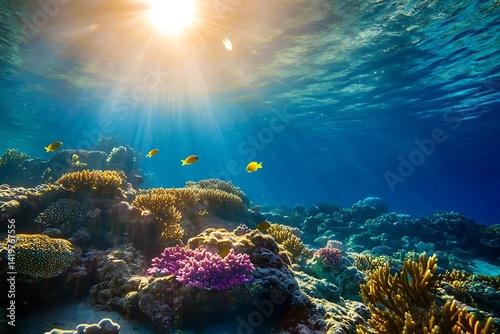 Wallpaper Mural Underwater Scene with Vibrant Coral Reefs and Yellow Fish Illuminated by Sunlight Torontodigital.ca