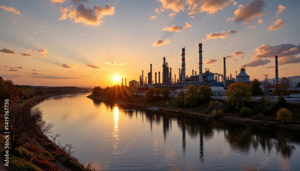 Sunset over Industrial Complex with Smokestacks and Reflections in Calm Water, Sky with Soft Clouds and Warm Hues