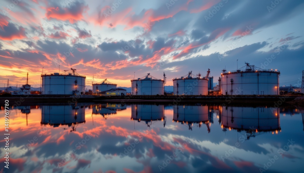 Fototapeta premium Dramatic Sunset Over Industrial Storage Tanks with Reflections in Calm Water Landscape