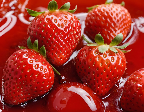 strawberries with splash on red background, strawberry pudding 