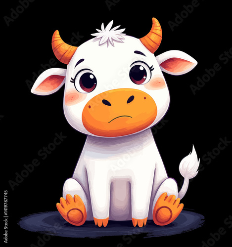 Cartoon White Cow with Orange Accents Sitting Down