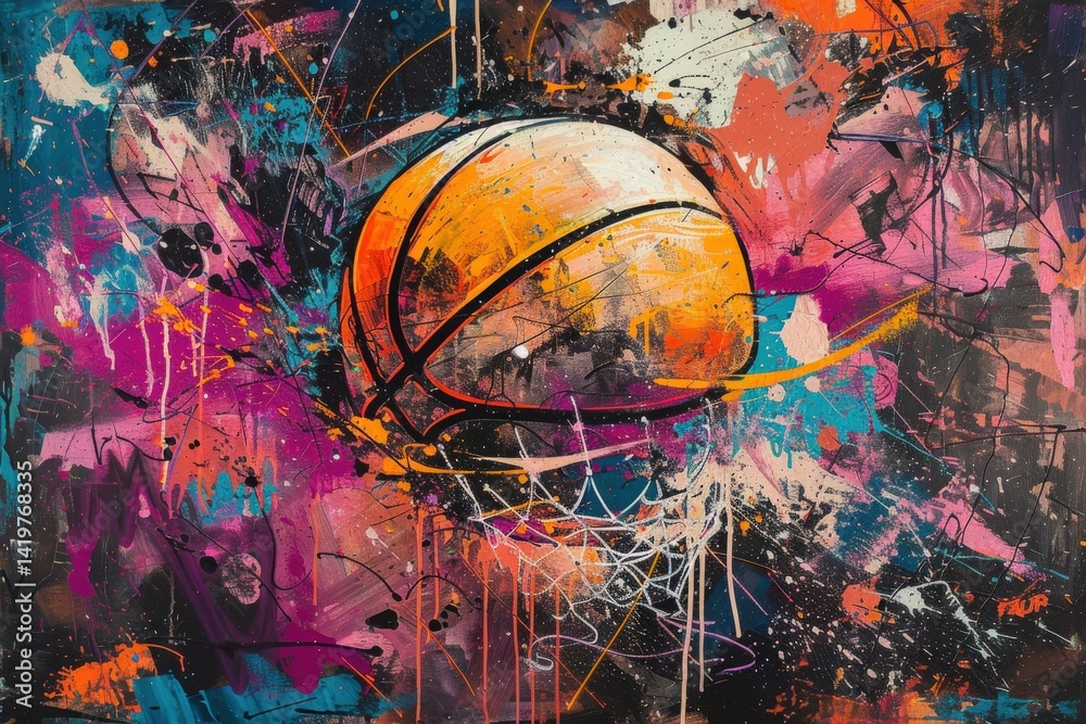 Obraz premium Abstrakcyjny obraz w stylu graffiti z żywymi kolorami, piłką do koszykówki w centrum, rozpryskami i siatką, ciemnym tłem, wysoką rozdzielczością.