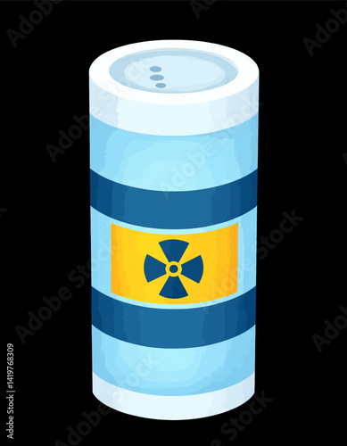 Cartoonish radioactive waste container with yellow label