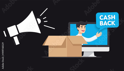 Cash Back Offer with Cartoon Man and Megaphone