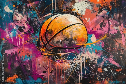 Abstract graffiti-style painting with vibrant colors, basketball in the center, splashes and net, dark background, high resolution.