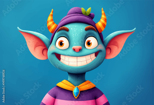 Cartoonish Blue Goblin with Horns and Purple Hat Smiling Big