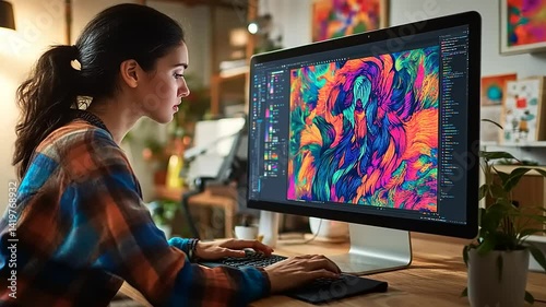 Creative woman designing vibrant digital artwork on computer in a cozy workspace filled with plants
