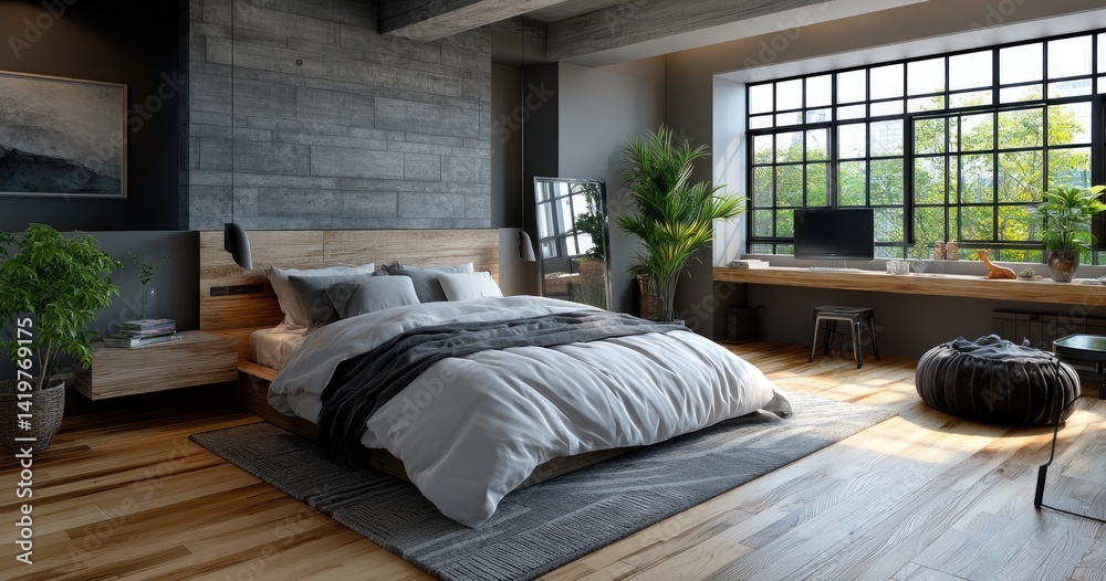 A dark concrete bedroom with white walls, gray wood flooring, and modern furniture, featuring an empty wall mockup frame above the bed.