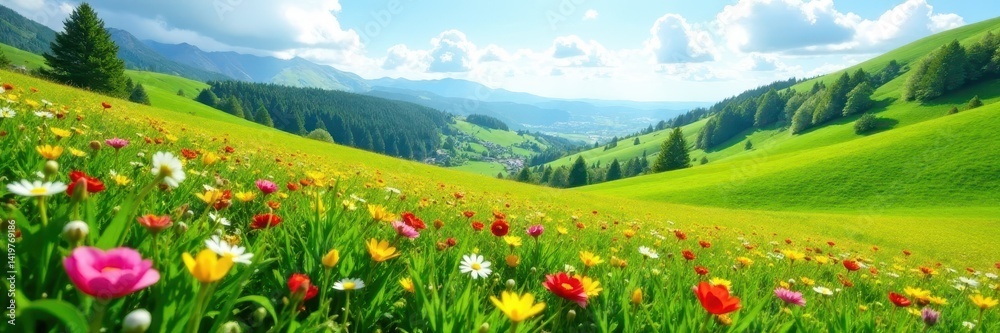 Rolling green hills, vibrant spring flowers carpet Allg?u meadow , tranquility, bright Rolling green hills, vibrant spring flowers carpet Allg?u meadow , tranquility, bright