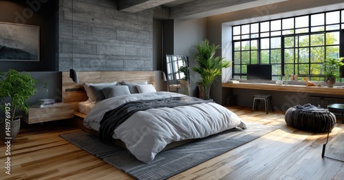 Obraz na płótnie A dark concrete bedroom with white walls, gray wood flooring, and modern furniture, featuring an empty wall mockup frame above the bed. w salonie