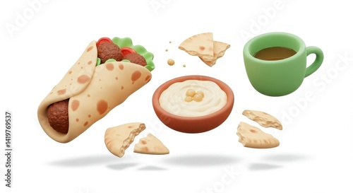 Delicious wrap hummus pita coffee meal illustration