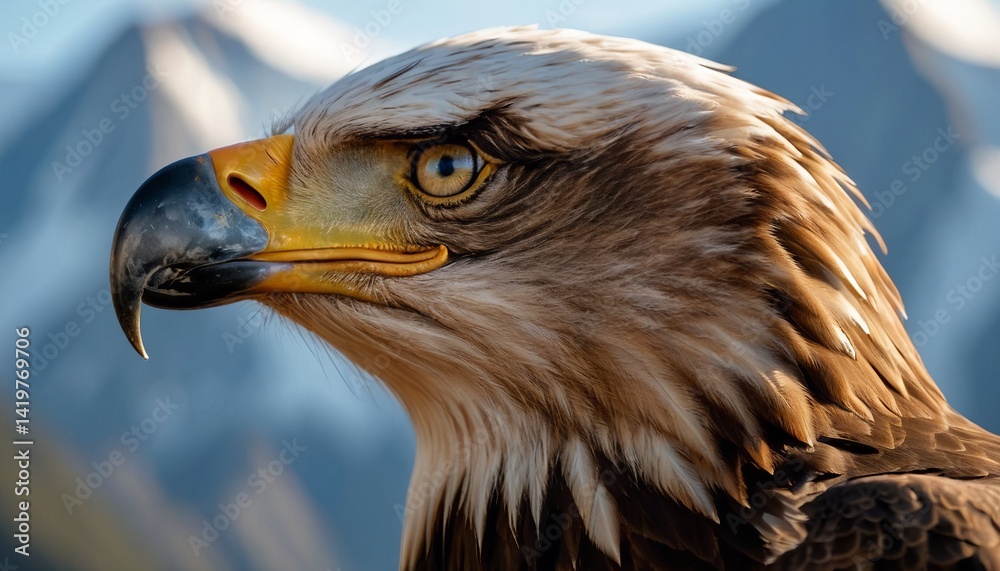 Obraz premium Side Profile of Eagle Head: Intense Eye & Mountain Backdrop - Dramatic Wildlife Portrait