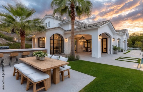 a modern farmhouse-style home in Beverly Hills, with a front yard featuring green grass and an outdoor kitchen area