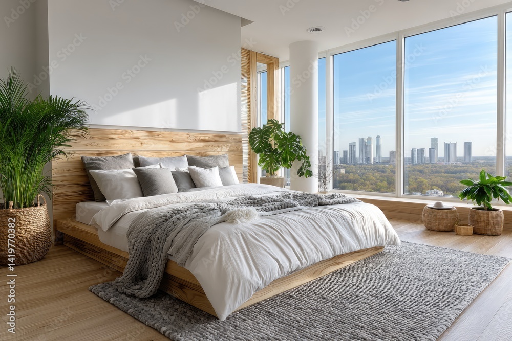 Modern bedroom with white walls, large windows overlooking the city skyline, and a wooden headboard