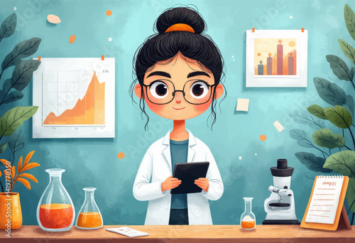 Cartoon Scientist with Tablet, Microscope, and Charts
