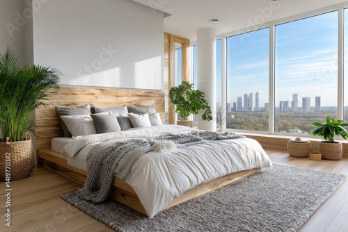 Obraz na płótnie Modern bedroom with white walls, large windows overlooking the city skyline, and a wooden headboard w salonie
