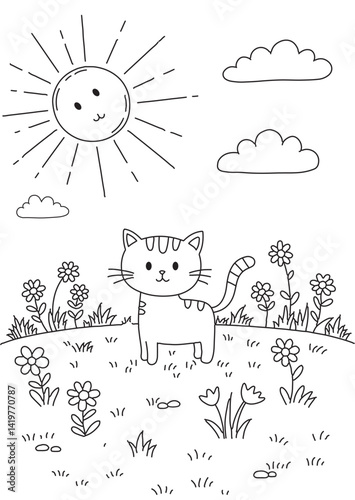 coloring page with a cat animal in the park illustration