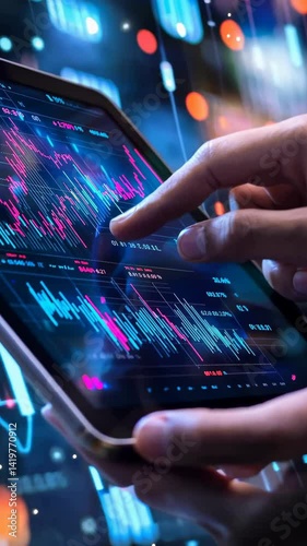 A close-up shot captures a finger navigating financial charts and data on a screen, highlighting stock market analysis and investment decisions. The glowing display enhances the focus on data trends.