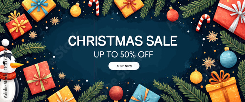 Christmas Sale with Penguin, Gifts, and Festive Decorations