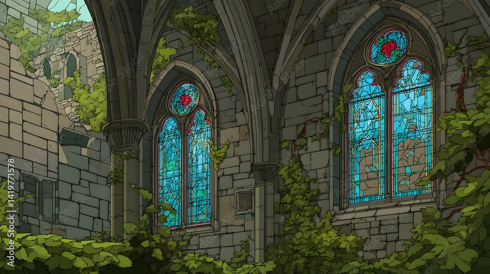 Obraz premium Overgrown, decaying gothic cathedral interior.