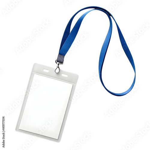 Blank white plastic ID badge holder, blue lanyard, isolated on transparent background
