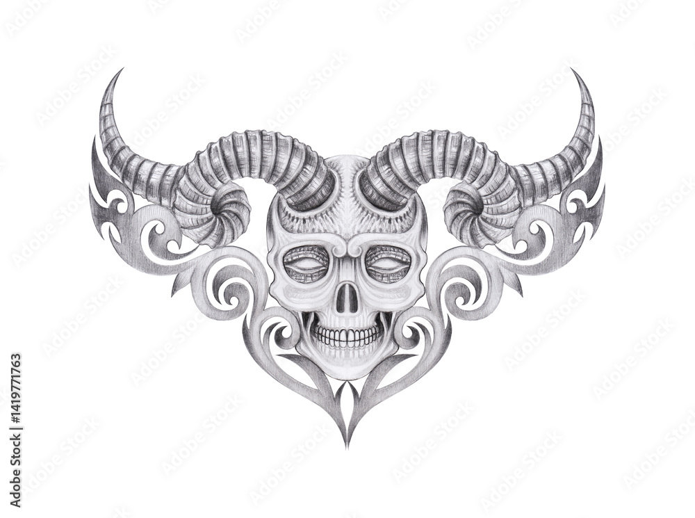 Fototapeta premium Demon skull tattoo surreal art design by hand drawing on paper.