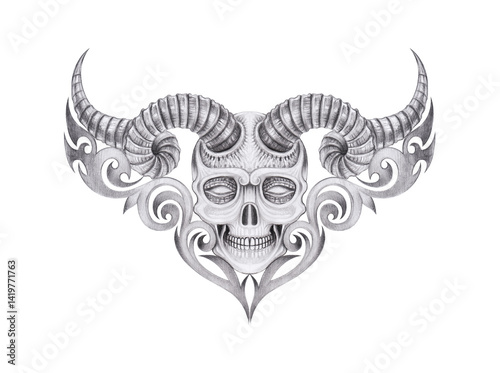 Demon skull tattoo surreal art design by hand drawing on paper.