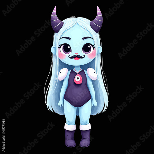 Cute Blue Cartoon Girl Monster with Mustache