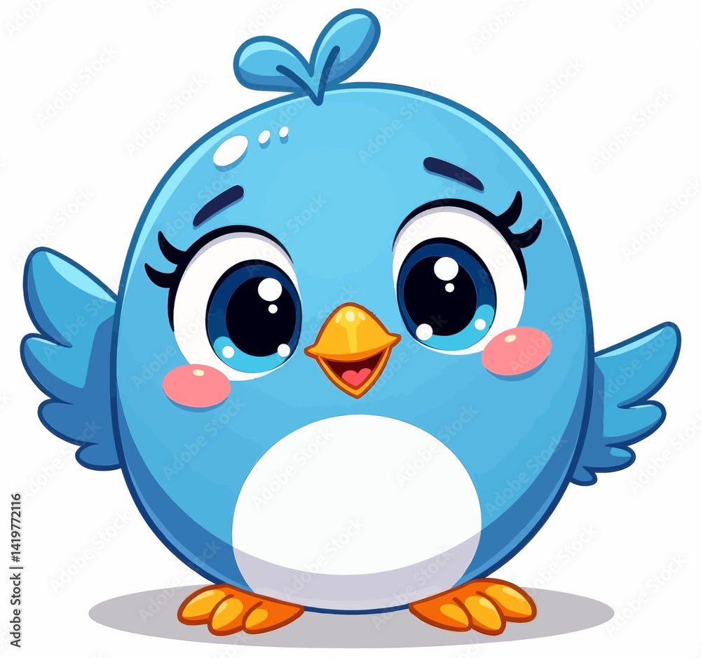 Fototapeta premium Cute Cartoon Blue Bird with Big Eyes
