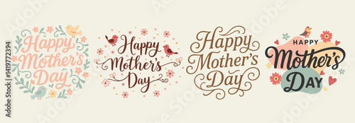 Set of Happy Mothers Day greeting inscriptions with swirls, birds and flowers, isolated vector illustration in pastel colors.
