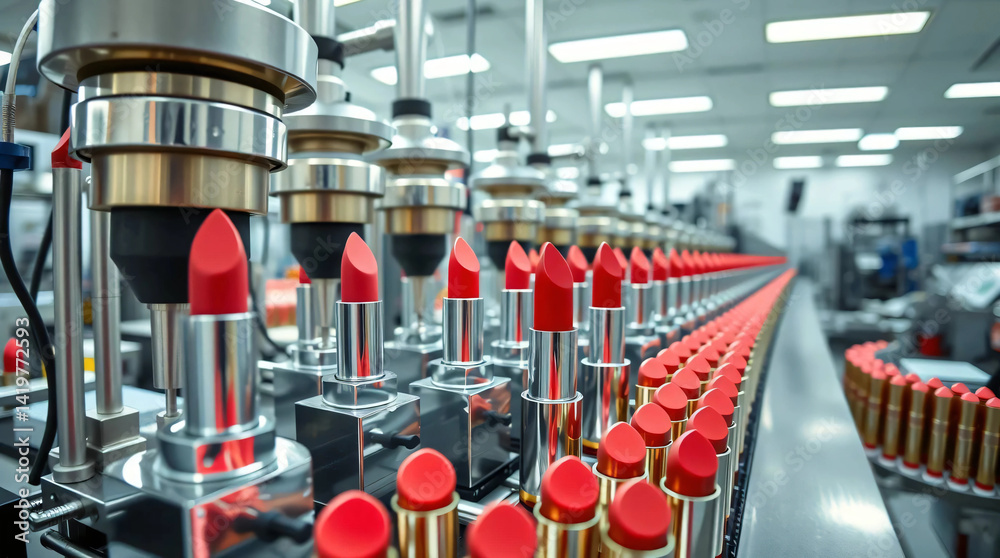 Obraz premium Lipstick production process using a filling machine in a cosmetic manufacturing facility