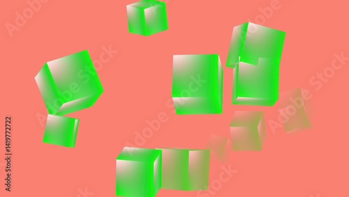 Emerald green cubes flying on salmon pink background, 3D rendering, for web website background design
