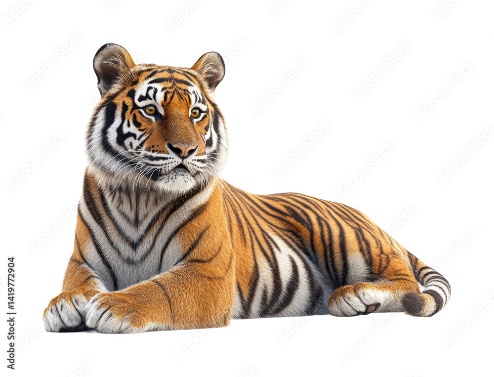 Obraz premium Majestic tiger lying in nature wildlife view isolated on transparent background