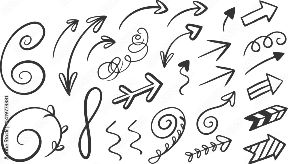 black and white arrows, hand-drawn style, vector graphics, curved arrows, straight arrows, directional symbols, dynamic shapes, simplified design, minimalist illustration, graphic elements, variety of black and white arrows, hand-drawn style, vector graphics, curved arrows, straight arrows, directional symbols, dynamic shapes, simplified design, minimalist illustration, graphic elements, variety of