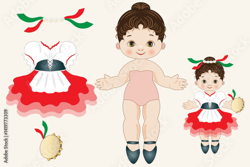 Paper doll ballerina simple to cut out and dress as in the example with Italian costume representing the Neapolitan tarantella