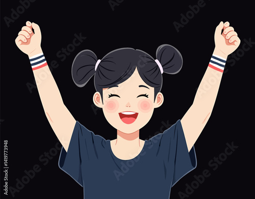Excited girl with pigtails and striped wristbands cheers